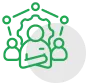 Icon depicting a central expert surrounded by a network and team, representing the dedicated workforce across Square Corporation's diverse business divisions.