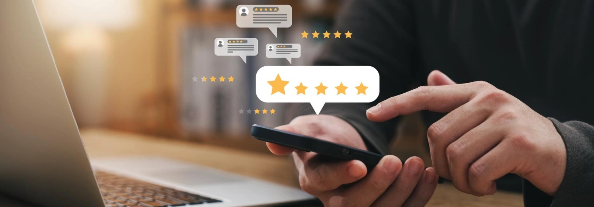 A person submitting a five-star digital review on a smartphone, representing excellent supplier satisfaction and trusted B2B partnerships with Square Corporation.